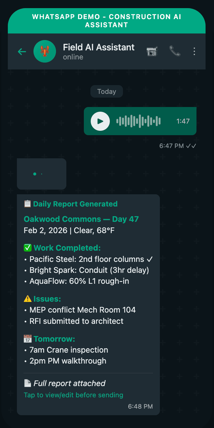 WhatsApp Construction AI Assistant interface showing daily report generation